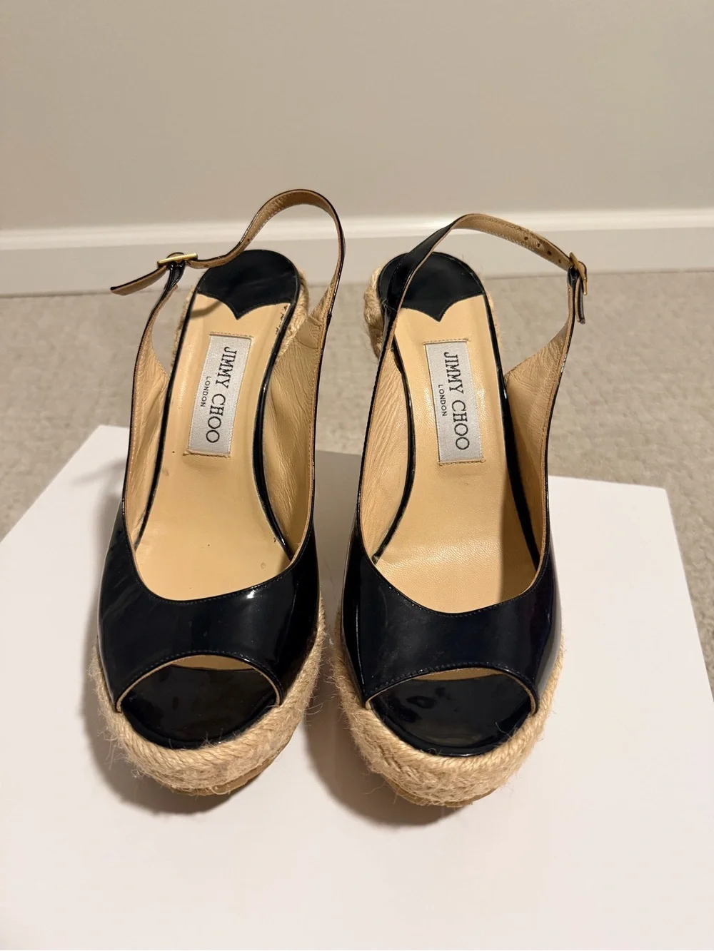 Jimmy Choo Black Patent Leather Espadrille Wedge Slingbacks